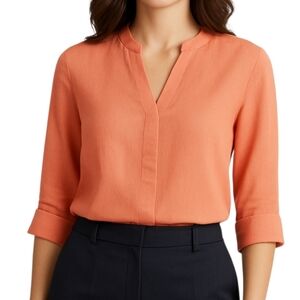 TALBOTS Irish Linen Blouse Top 6 Covered Buttons V-Neck Tangerine Shirt Orange